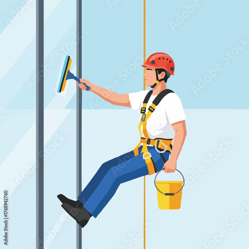 A window cleaner wearing a safety harness washes a skyscraper's glass exterior with a squeegee and a bucket of water, ensuring a pristine view.