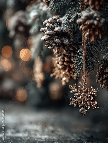 Snowy pine cones and ornate snowflake ornament bokeh