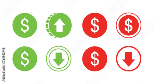 Financial growth and decline illustrated through colorful coin and arrow symbols