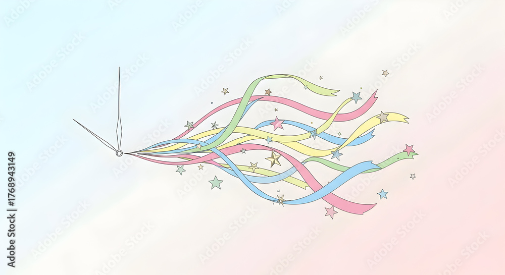 Fototapeta premium Clock Hands with Colorful Ribbons and Stars Abstract Illustration