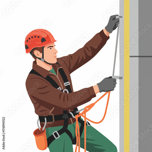 A construction worker in a safety helmet and harness is climbing a structure, ensuring safety with ropes and gear during the ascent.