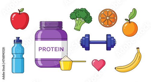 Healthy lifestyle elements fruits protein exercise equipment and supplements depicted