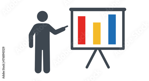 Presentation with a bar graph a speaker and a display stand