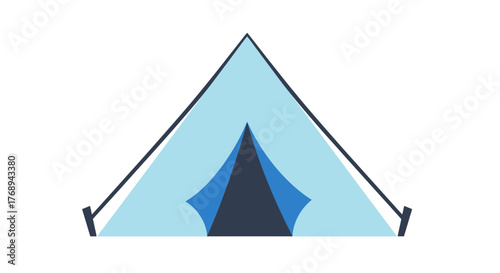 Simple illustration of a light blue camping tent with dark entry