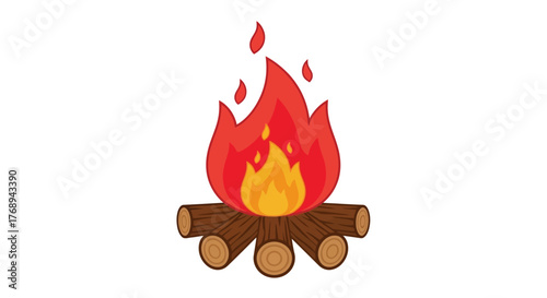 Cartoon illustration depicting a bright stylized campfire with burning logs