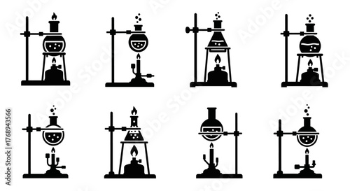 Black silhouette icons depicting various laboratory glassware setup for experiments