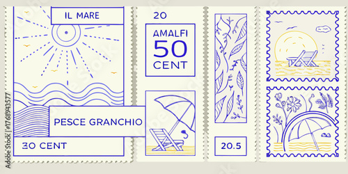 Collection of vintage style postage stamps depicting italian seaside scenes and nature with blue line art and yellow accents