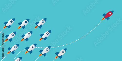 One red rocket ship leads a fleet of white rockets on a blue background representing innovation and success