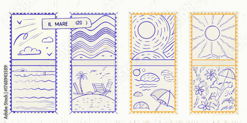Collection of hand drawn stamps illustrating various aspects of a sunny beach vacation