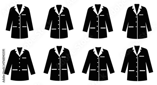 Eight black and white icons depicting medical lab coats in a grid