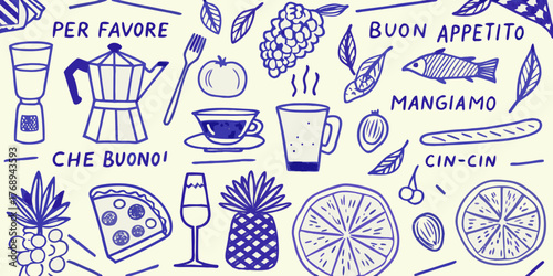 Italian food and drink doodle collection with phrases per favore buon appetito mangiamo che buono cin cin