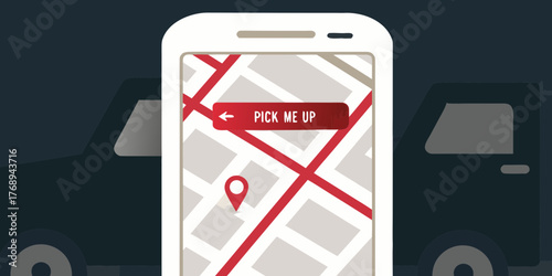 Smartphone displaying a ride sharing app map with a pick me up button and cars in the background
