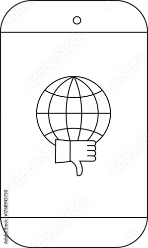 A smartphone displays a globe with a thumbsdown icon
