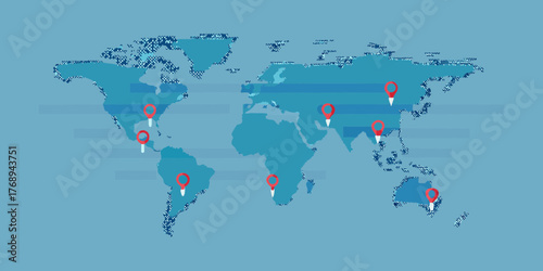 Global map with red location pins marking various continents and countries around the world