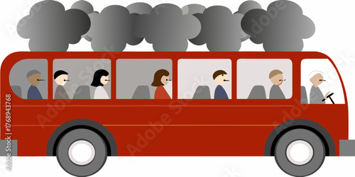 Red bus filled with diverse passengers emitting dark smoke from the roof symbolizing pollution and environmental concerns