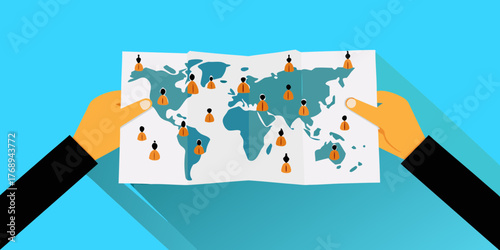 Hands holding a world map with diverse people icons spread across continents representing global network