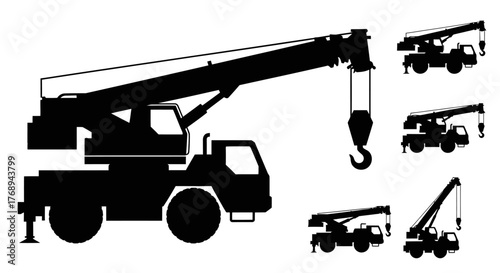 Black silhouette illustrations of mobile cranes in varying perspectives shown