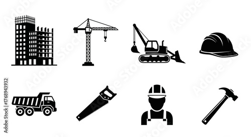 Construction site icons featuring buildings machinery and worker safety equipment
