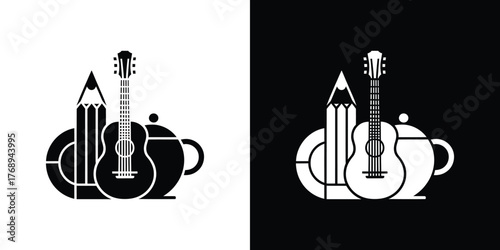 Abstract Silhouette Pencil, Acoustic Guitar, Teapot with Transparent Background