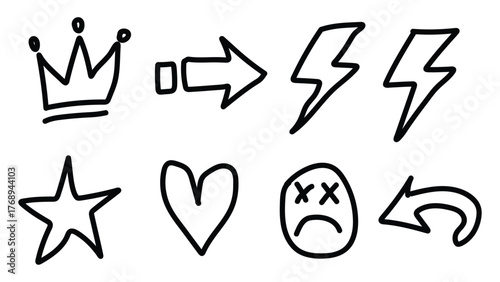 Cuadro en lienzo Hand drawn doodle icons set crown star heart lightning bolt arrow sad face repla