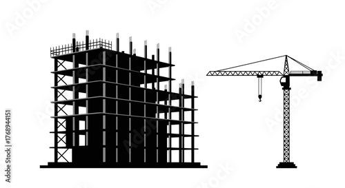 Black and white illustration of a construction site with a crane