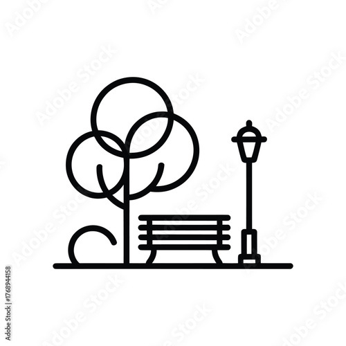 Black park landscape icon with bench, tree, and streetlight on transparent background