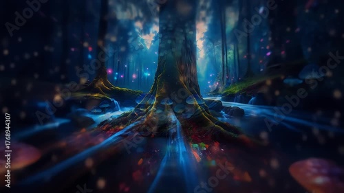 Fantasy Glowing mushroom with magical light rings forest with moss, rocks, and sparkling lights