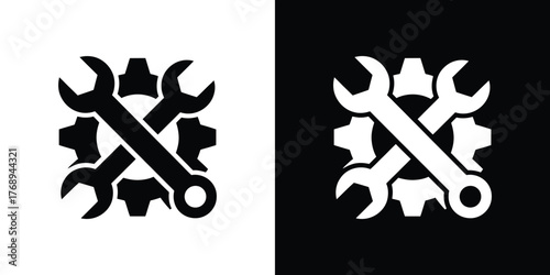 Crossed Wrench over Gear Symbol, Black and White Mechanical Tool Silhouette Icon Set