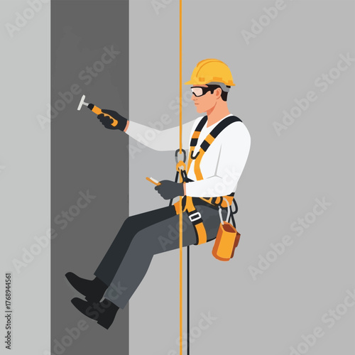 A construction worker rappels down a building, inspecting the facade with a hammer and tablet, ensuring safety and quality in the process.