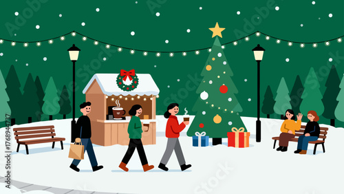 Snowy Park Promenade at the Christmas Market, Lights and Tree