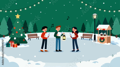 Christmas Carolers in a Snowy Park — Lantern Lit Choir under Holiday Lights