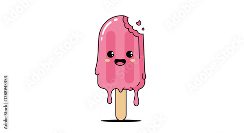 A cute, pink, and melting cartoon popsicle with a happy face and a bite taken out, perfect for summer treats and sweet, cheerful designs.