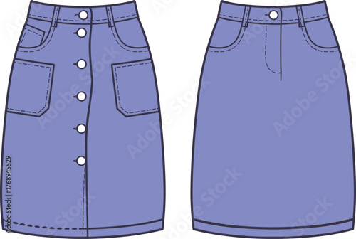 Purple skirt front view, button down design, pocket detail, fashion flat sketch, garment template, cad drawing, vector illustration