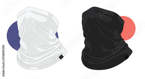 A pair of white and black neck gaiters, versatile headwear for outdoor activities and protection, displayed against simple geometric backgrounds.
