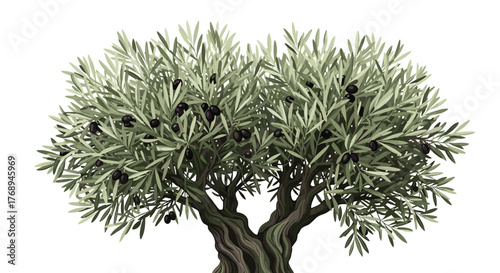 A beautiful, mature olive tree with lush green leaves and ripe black olives, showcasing its natural beauty and abundance.
