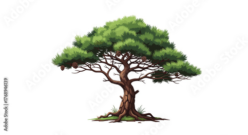 A detailed pixel art illustration of a mature pine tree with green needles, a gnarled brown trunk, exposed roots, and scattered pine cones.