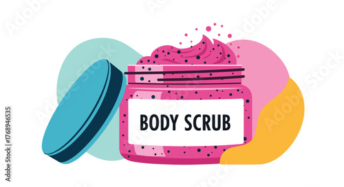 A vibrant illustration of a pink jar of body scrub with an open lid, highlighted by abstract colorful shapes, perfect for beauty and skincare themes.