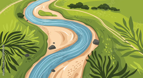 An illustrated aerial view of a winding blue river carving its way through a vibrant green landscape with sandy banks and scattered foliage.
