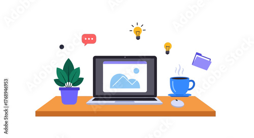 Modern freelance workspace with laptop plant coffee cup and bright idea icons seamlessly integrated for digital creativity and online business success isolated on white background
