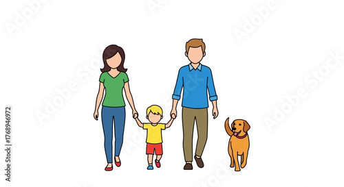 Happy family and beloved pet dog walking together outdoors enjoying sunshine and fresh air a joyful moment of connection and unity isolated on white background