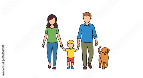 Happy modern family parents child and dog strolling together outdoor activity lifestyle concept isolated on white background