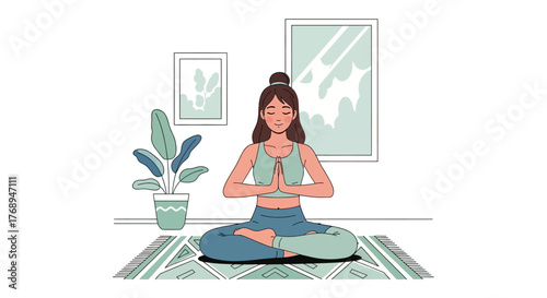 Serene woman meditating in lotus pose on rug with houseplants and window view promoting wellness and healthy lifestyle isolated on white background