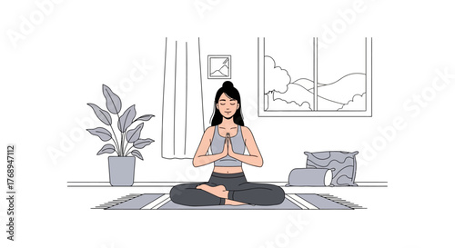 Serene young woman meditating in lotus pose indoors relaxing mind body soul healthy lifestyle peaceful home environment calmness serenity zen isolated on white background