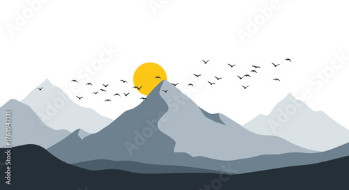 Serene mountain landscape at sunrise with birds flying through the golden sunlit sky isolated on white background