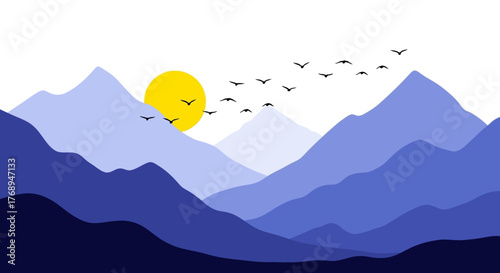 Serene mountain landscape with a bright sun and a flock of birds in flight serene vista isolated on white background