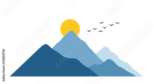 Abstract geometric mountain landscape with sun and birds in sky minimalist nature scene isolated on white background