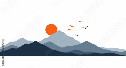 Serene japanese mountain landscape with rising sun and birds in minimalist abstract style isolated on white background