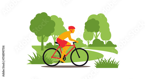 Dynamic cyclist riding a bicycle through a lush green park on a sunny day outdoor recreation and fitness activity isolated on white background