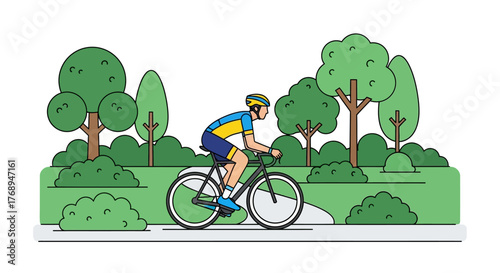 Energetic cyclist riding bicycle through lush green park trees nature landscape scenic outdoor activity healthy lifestyle isolated on white background