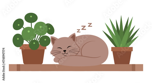 Cozy cat napping peacefully between two potted plants on a shelf a whimsical scene of domestic comfort and relaxation isolated on white background
